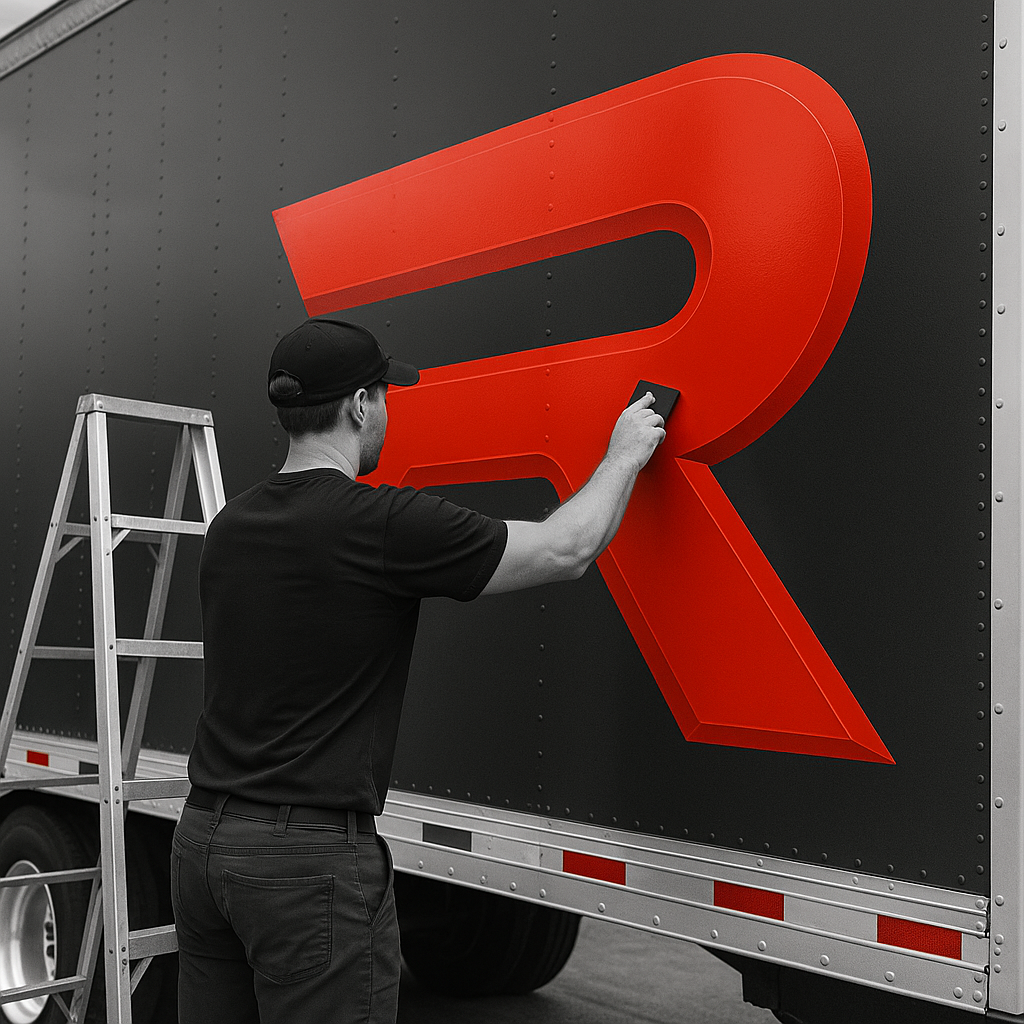 Reflekt installation team securing branded signage